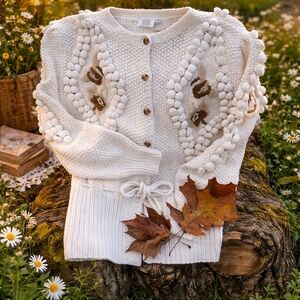 Vintage Silk Cardigan, Knit Cozy Sweater, Oversized, Embroidered, Popcorn